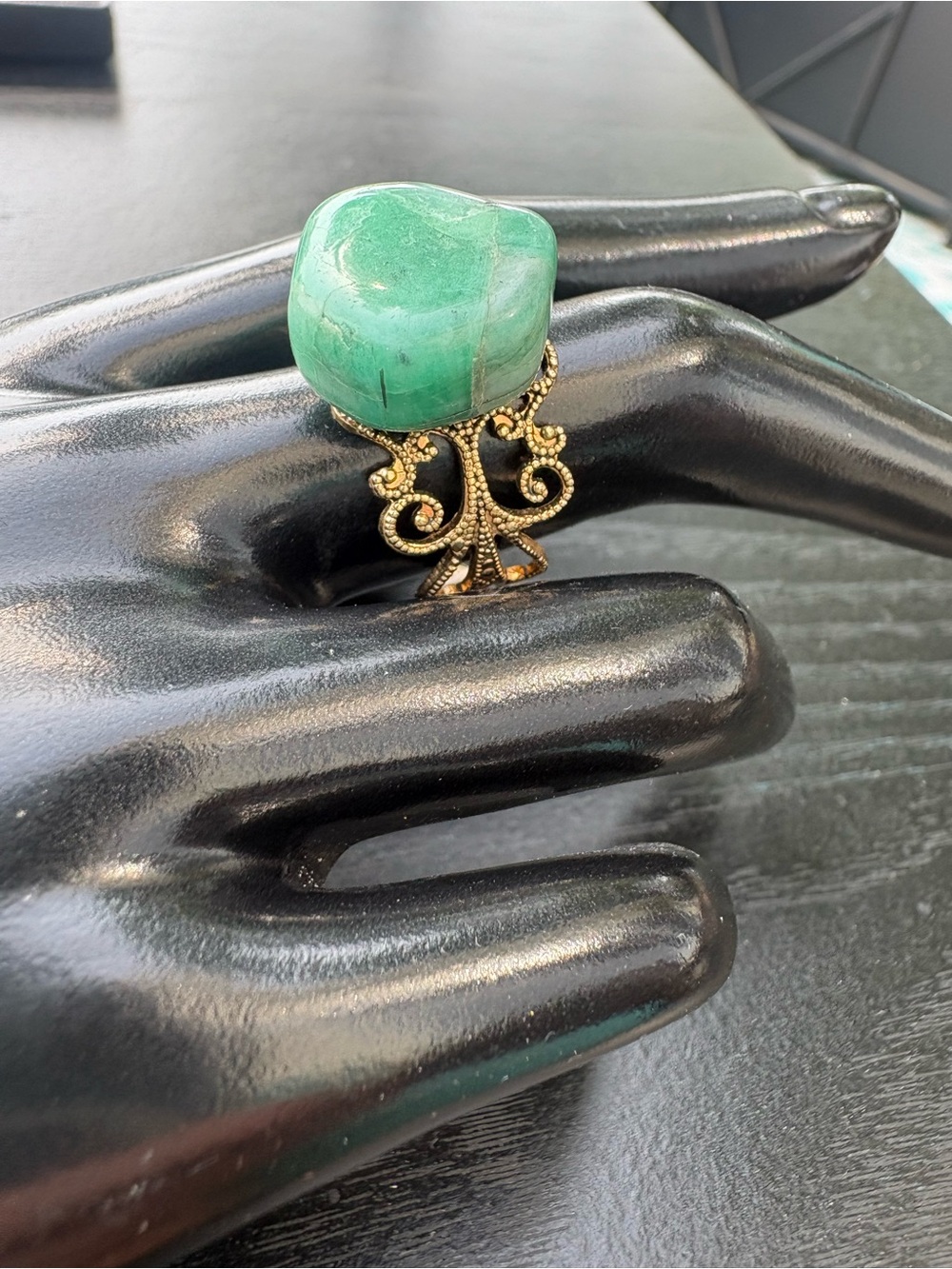 Adjustable Gold-Tone Filigree Ring with Green Gemstone - Picture 1 of 11